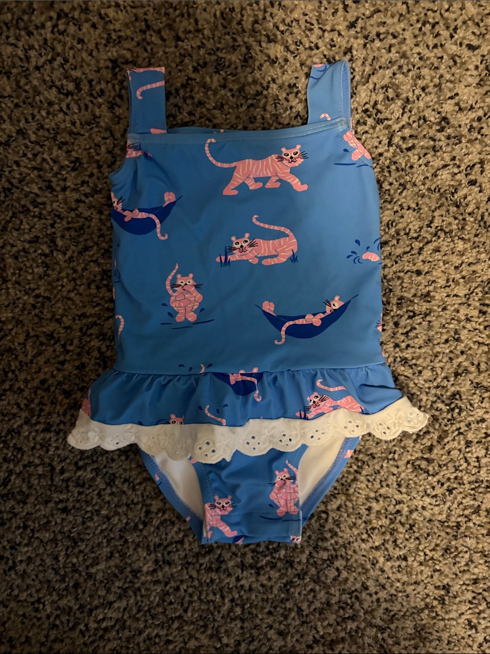 The Beaufort Bonnet Company Blue One-Piece Swimsuit with Pink Cat Motif
